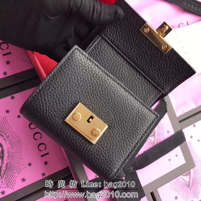 GUCCI古馳 歐洲正品原單 padlock系列 最新款短皮夾 453155 黑色摔紋全皮 WTG1191